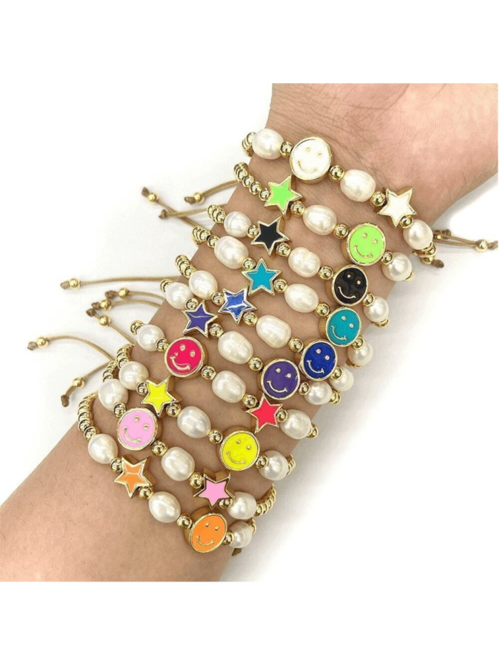 Gold Beaded Neon Green Enamel Happy Face Bracelet with Fresh water Pearls